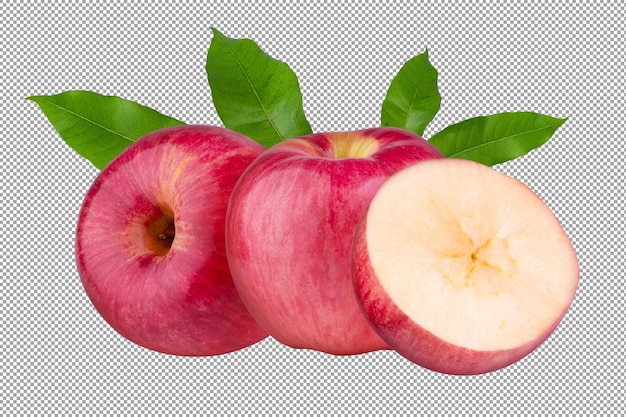 Red apple with green leaf and red apple cut slice isolated on a transparent background