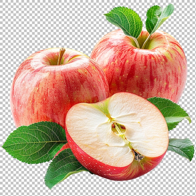 Red Apple with Green Leaves on transparent background