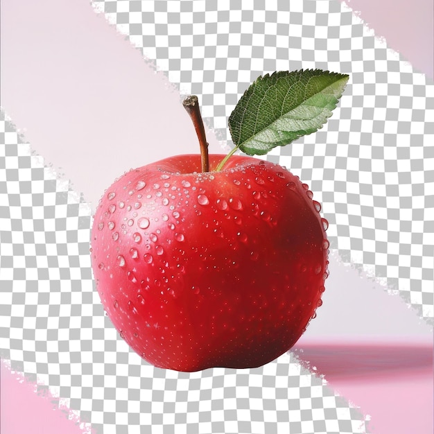 a red apple with water droplets on it and a green leaf