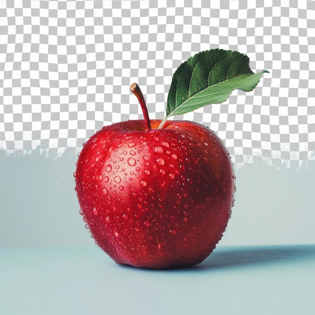 a red apple with water droplets on it and a leaf that is on the table