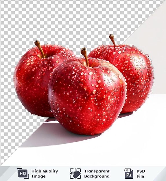 Red apples PSD with stems shadow transparent background