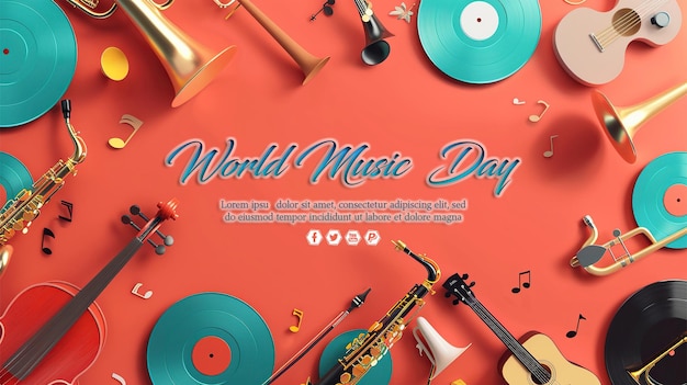 PSD a red background with a world music day written on it