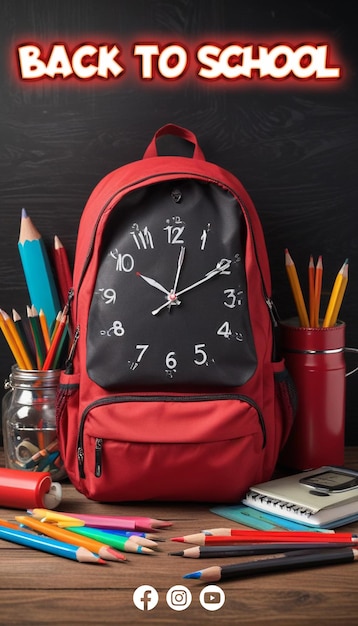 PSD a red backpack with a clock on it and a red pocket watch on it