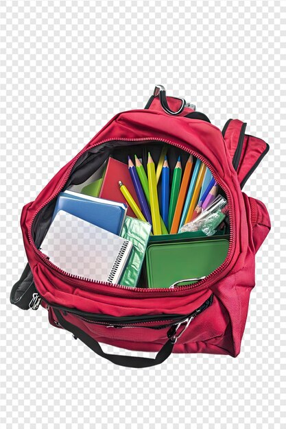 PSD a red backpack with many colored pencils in it