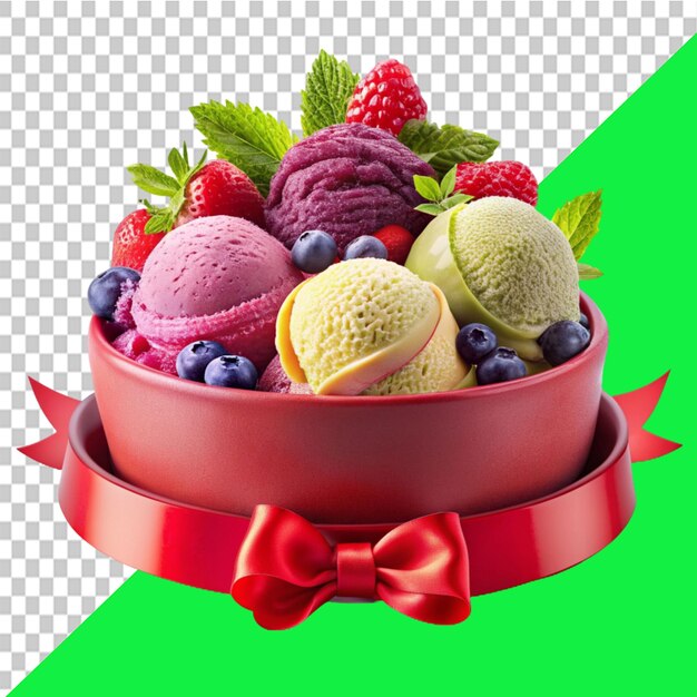 red banner design set Multicolored ice cream dessert in a small faffle basket on transparent background