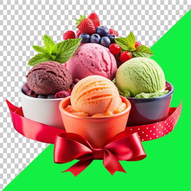 red banner design set Multicolored ice cream dessert in a small faffle basket on transparent background