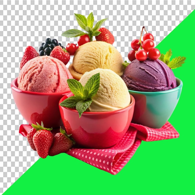 red banner design set Multicolored ice cream dessert in a small faffle basket on transparent background