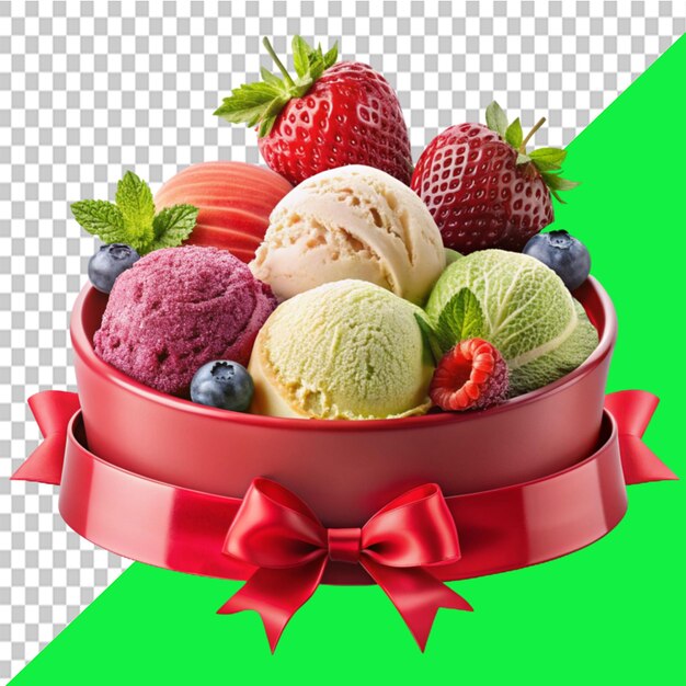 red banner design set Multicolored ice cream dessert in a small faffle basket on transparent background