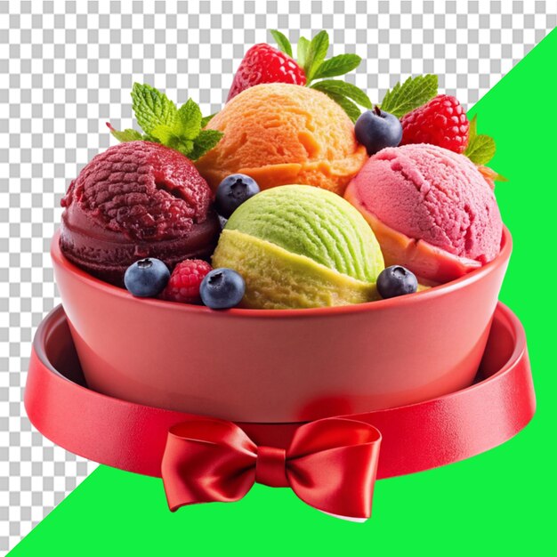 red banner design set Multicolored ice cream dessert in a small faffle basket on transparent background