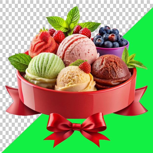 red banner design set Multicolored ice cream dessert in a small faffle basket on transparent background