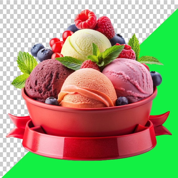 red banner design set Multicolored ice cream dessert in a small faffle basket on transparent background