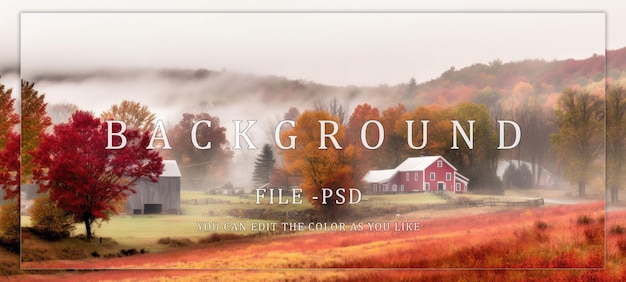 PSD red barn in a misty autumn landscape