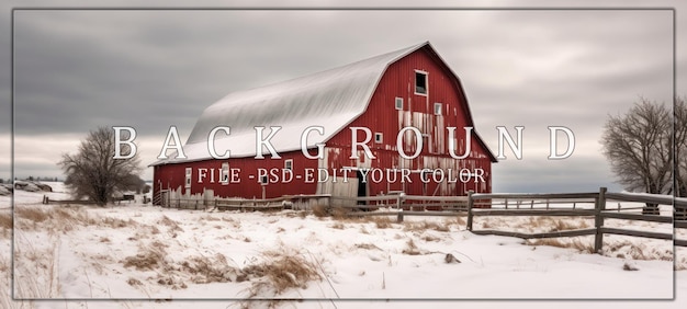 PSD red barn in a winter wonderland