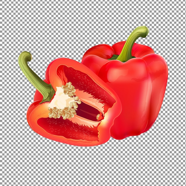 Red bell pepper with slice isolated on transparent background