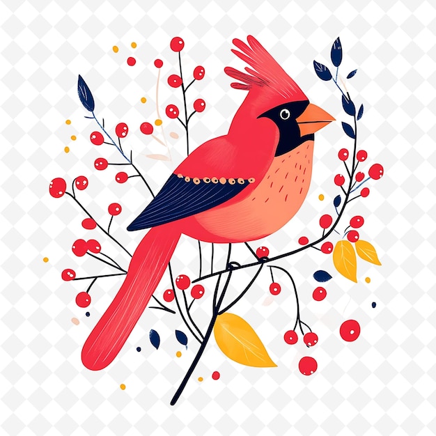 a red bird with a red beak sits on a branch with berries and leaves