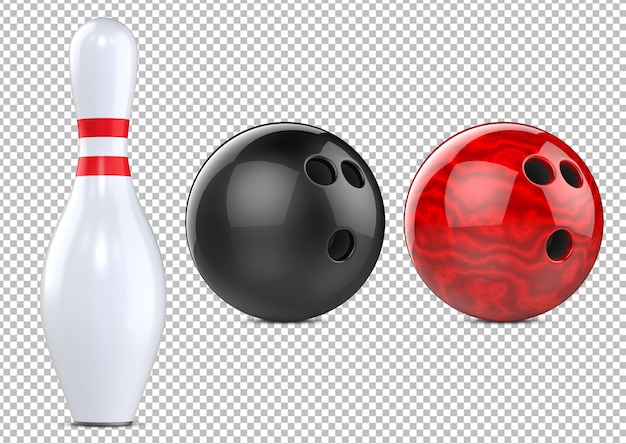 Red, black bowling balls and bowling pin skittle