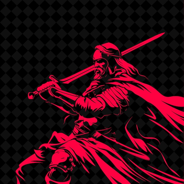 a red and black poster with a knight and a sword