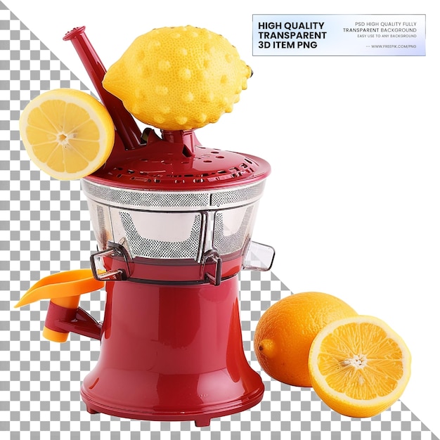 PSD a red blender with a yellow lemon on top of it