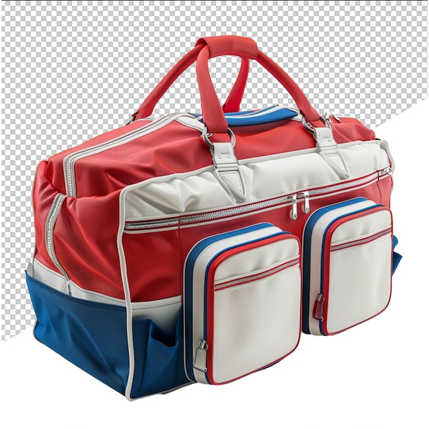 a red and blue bag with a red stripe on the side