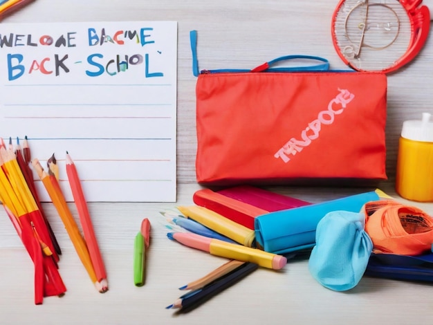 a red and blue bag with the words were school written on it