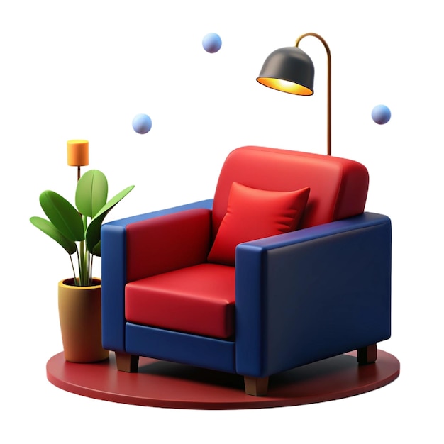 PSD a red and blue chair with a plant and a lamp on it