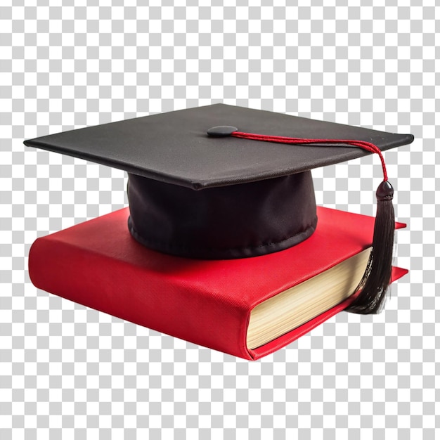 Red book on black lawyer cap isolated on transparent background