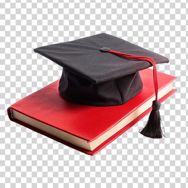 Red book on black lawyer cap isolated on transparent background