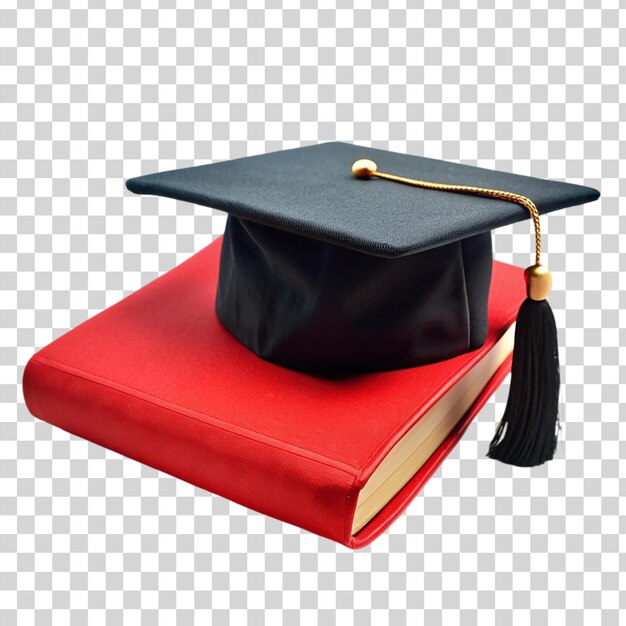 Red book on black lawyer cap isolated on transparent background