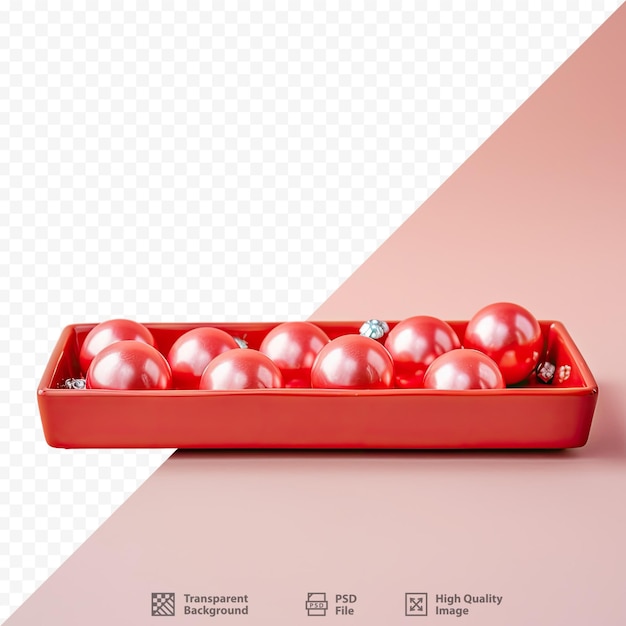 a red box of christmas balls with the words " no. " on the bottom.