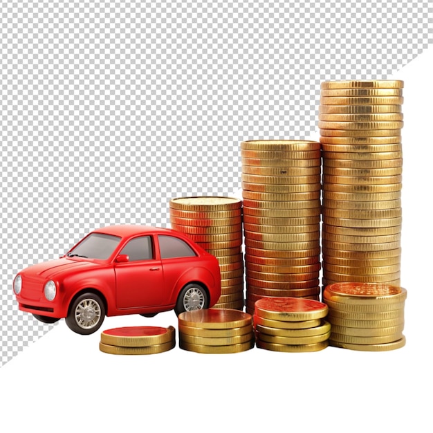 PSD red car over the stack of increasing coins against transparent background