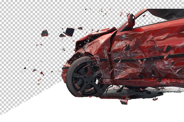 a red car with a broken front wheel is smashed