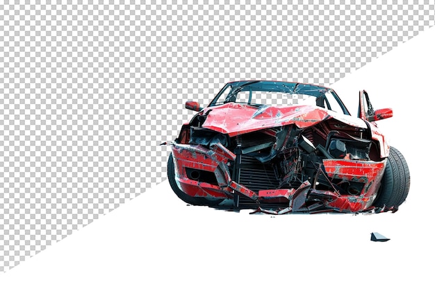 a red car with the front missing is broken