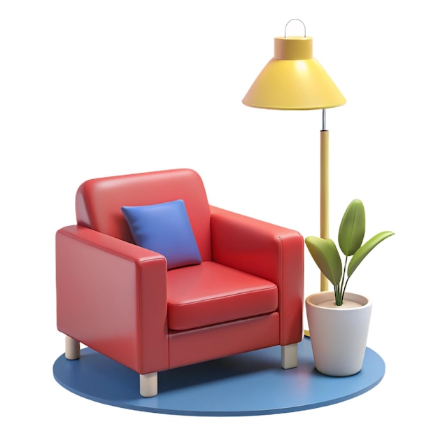 a red chair with a yellow lamp and a plant on it