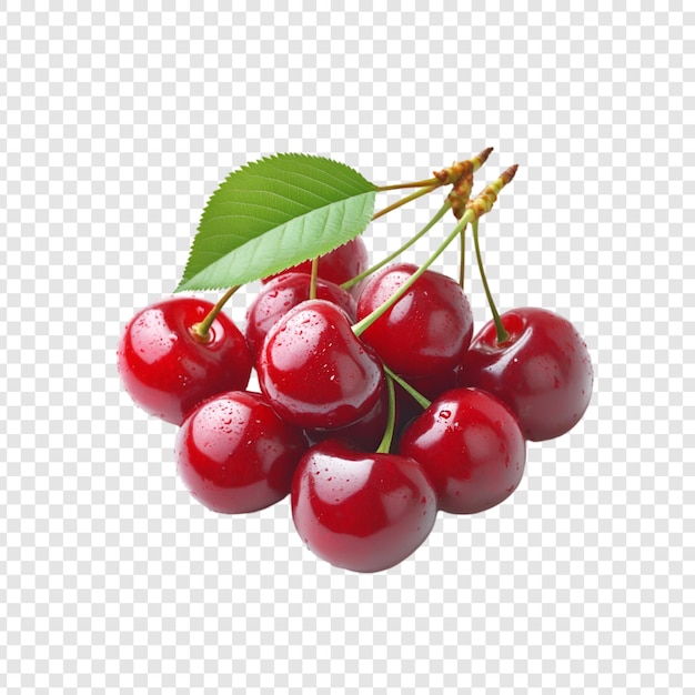 Red cherries with green leaves isolated on a transparent background