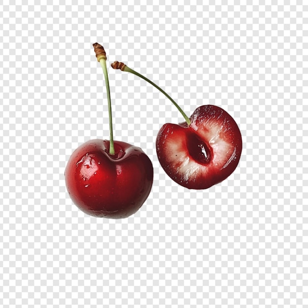 Red cherries with leaf isolated on a transparent background