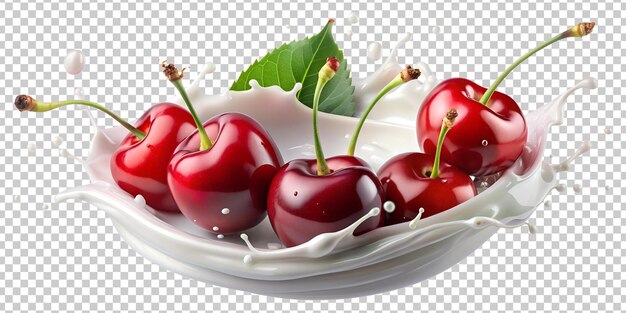 PSD red cherries with milk splashing around png isolated transparent