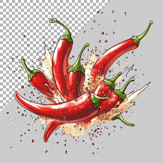 Red chili peppers exploding in a vector illustration on a Transparent background