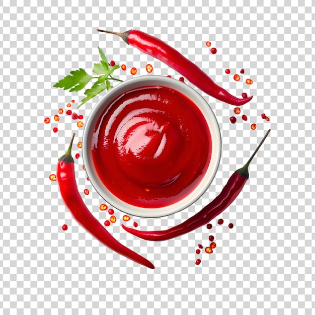 Red chili sauce with spice on a transparent background