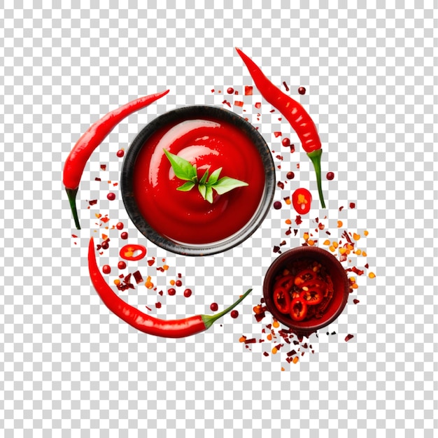 Red chili sauce with spice on a transparent background