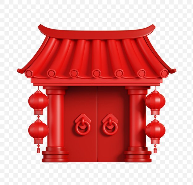 PSD red chinese gate with lanterns chinese new year elements icon 3d rendering