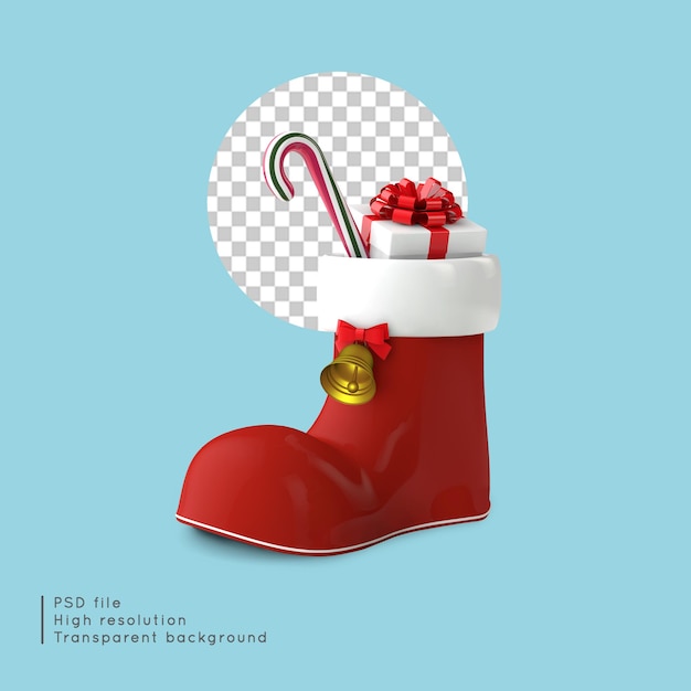 Red Christmas Santa Claus sock with gold bell and gifts candy on transparent background 3d render