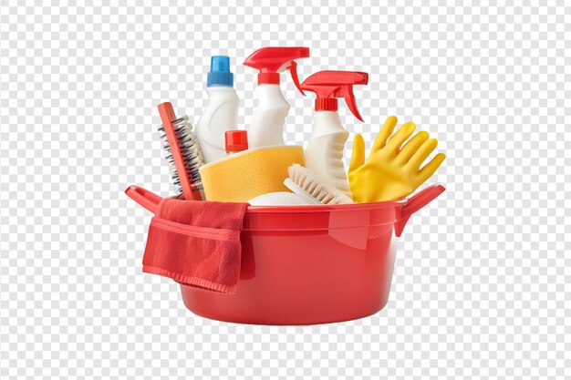 PSD red cleaning basket with supplies isolated on a transparent background