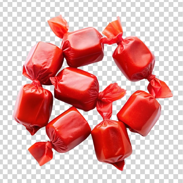 PSD red color wrapped caramel taffy candy set isolated on transparent background