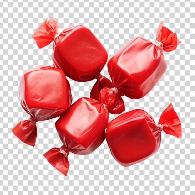 PSD red color wrapped caramel taffy candy set isolated on transparent background