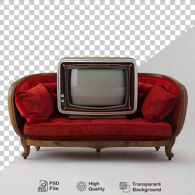 Red Couch with Wooden Television on Transparent Background