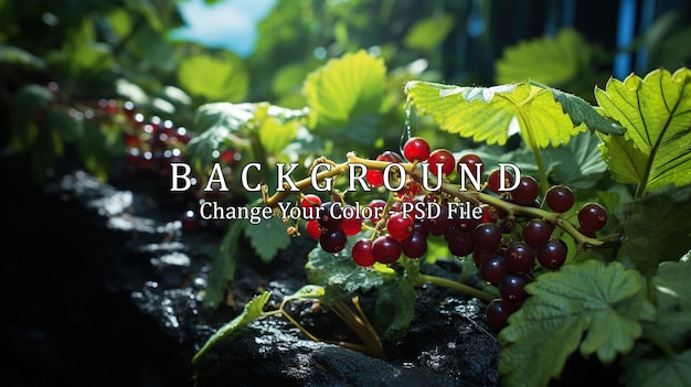 PSD red currant berries on a background of green grass and blue sky