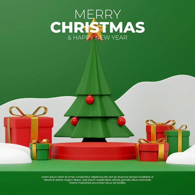 red cylinder podium in square christmas tree and gift box 3D rendering scene mockup