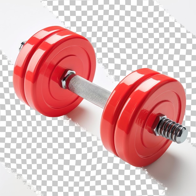 a red dumbbell is on a white surface with a white background