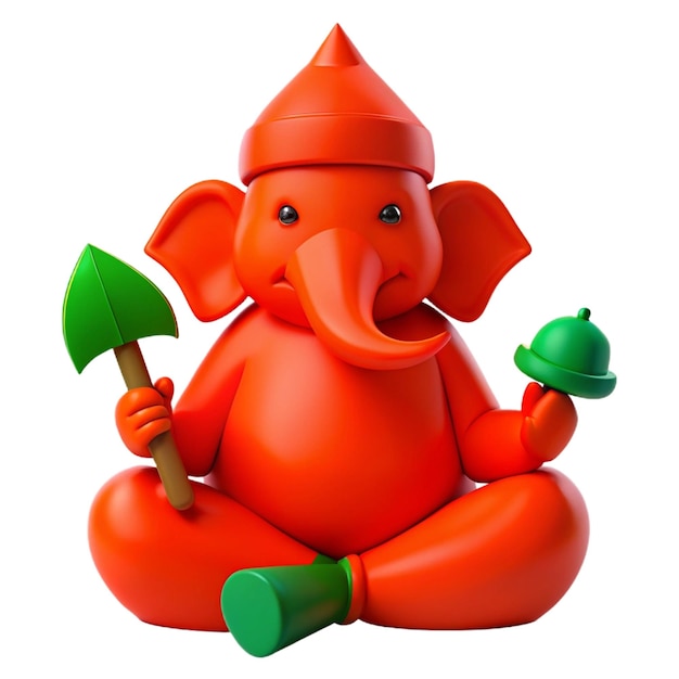 PSD a red elephant with a green shovel and a green shovel