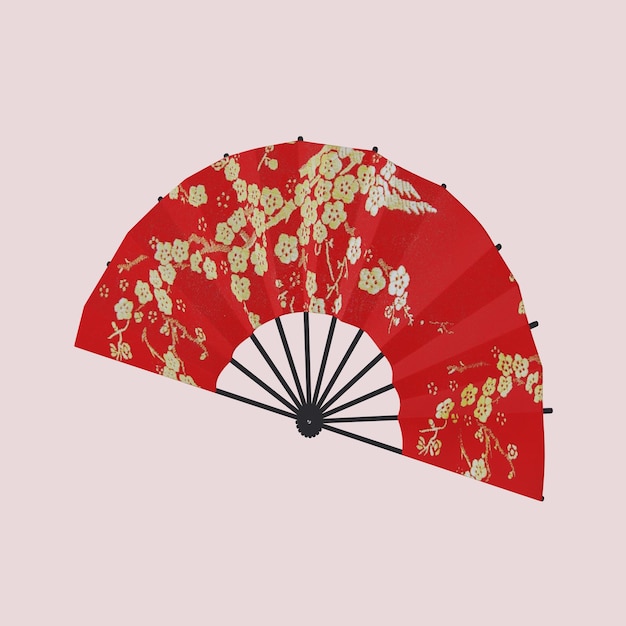 A red fan with a floral pattern is displayed on a pink background